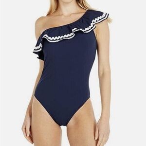 J.Crew one-shoulder ruffle one-piece swimsuit in navy blue